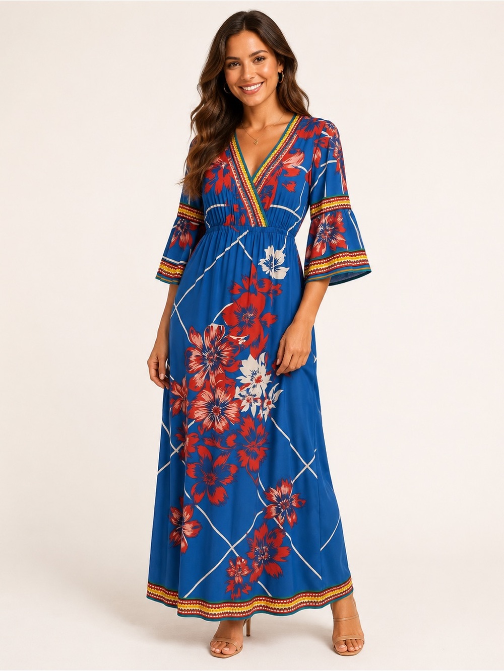 Flying Tomato Blue Maxi Dress with Red & White Floral Print
